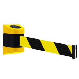 897 midi magnetic wall mounted barrier with black yellow chevron webbing, 897M-33-RB-MTE, Lawrence, Queueway, Tensator.